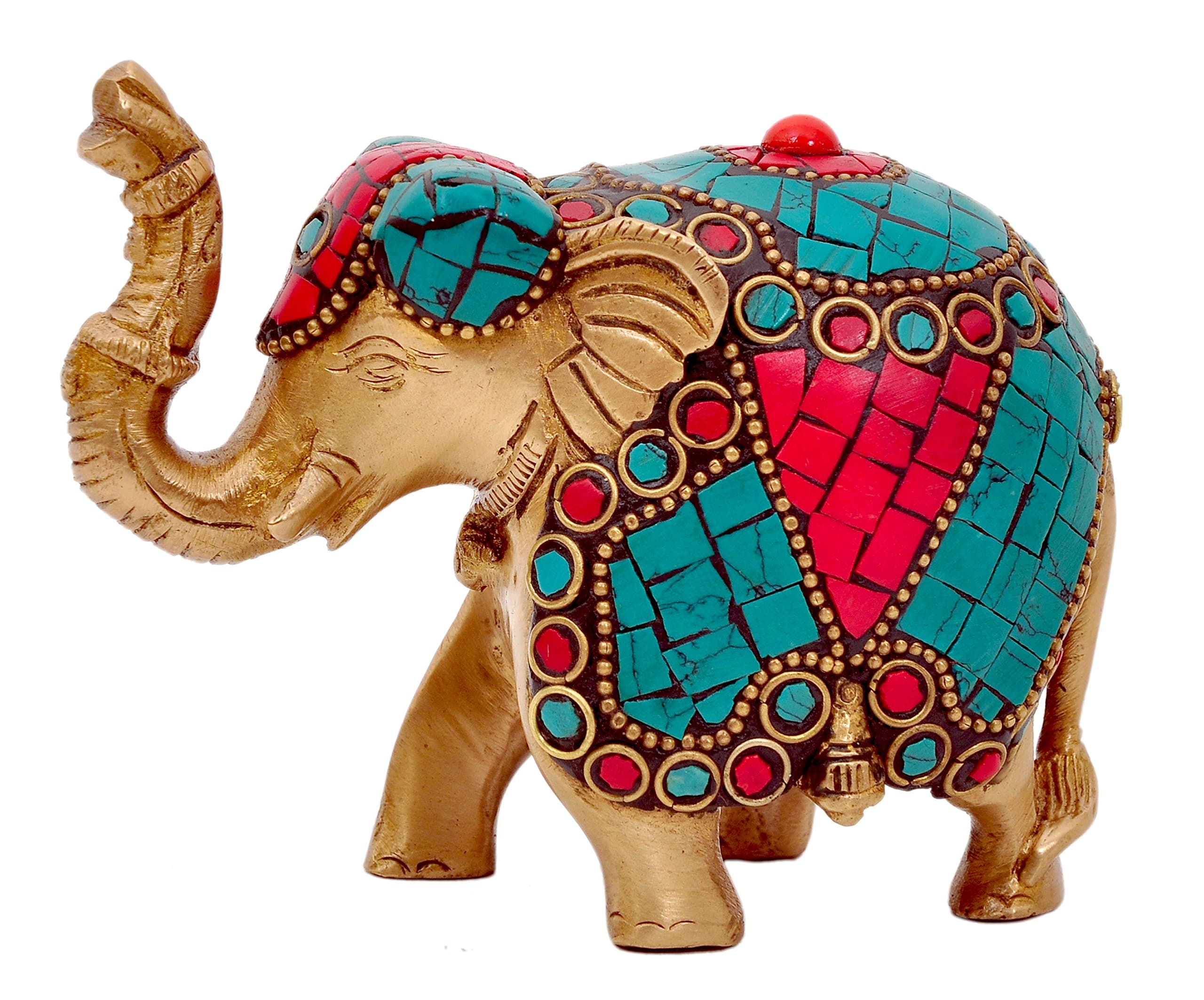 Aesthetic Decors Elephant Standing Trunk Up W Stone Work Showpiece - 8 cm (Brass, Multicolor)
