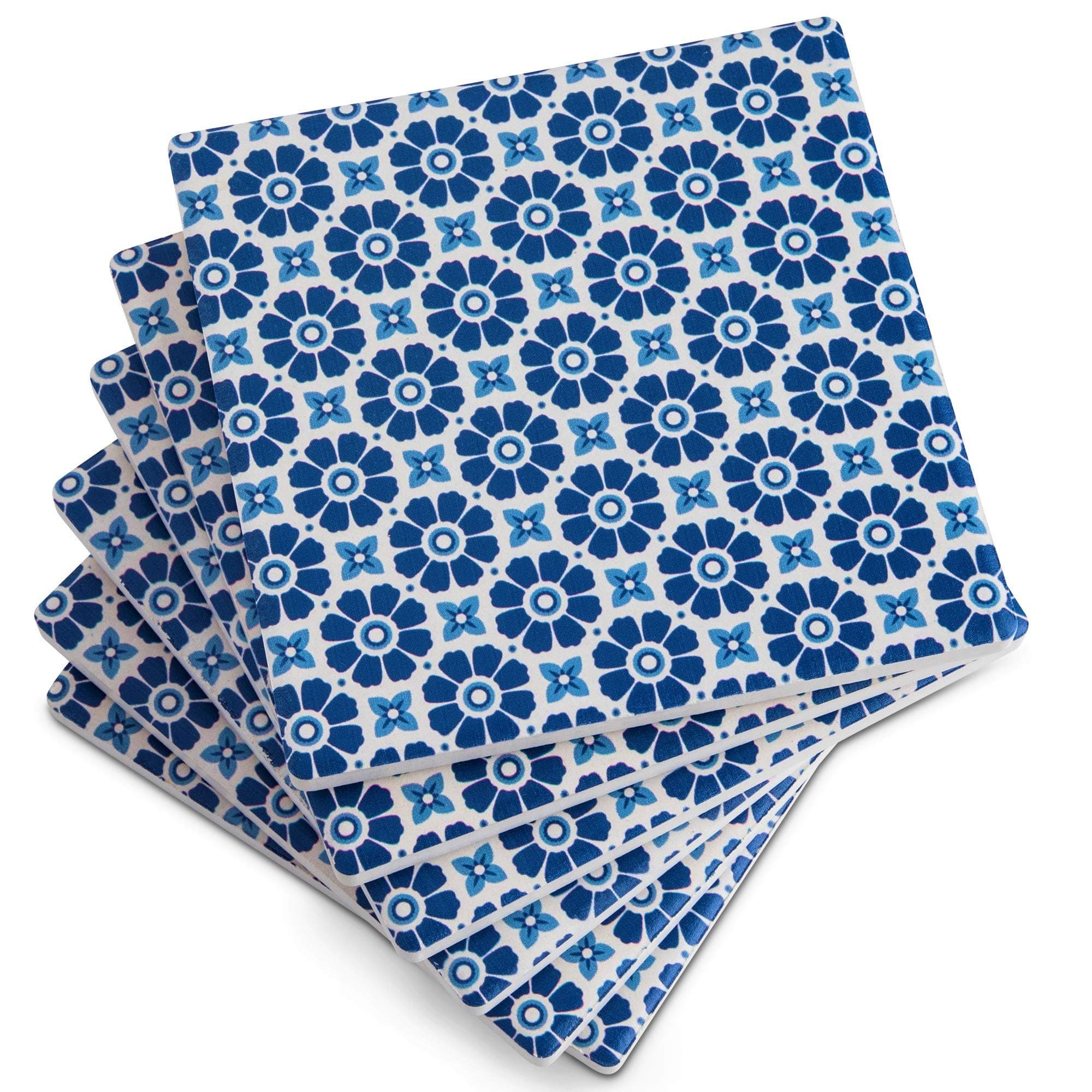 Mezzanti Absorbent Ceramic Tile Coasters For Drinks, Set of 6, 4” x 4” Tiles - Cup Coasters with Cork Backing - Decorative Drink Coasters with Mediterranean - Beautiful Gift Sets For Kitchen, Home