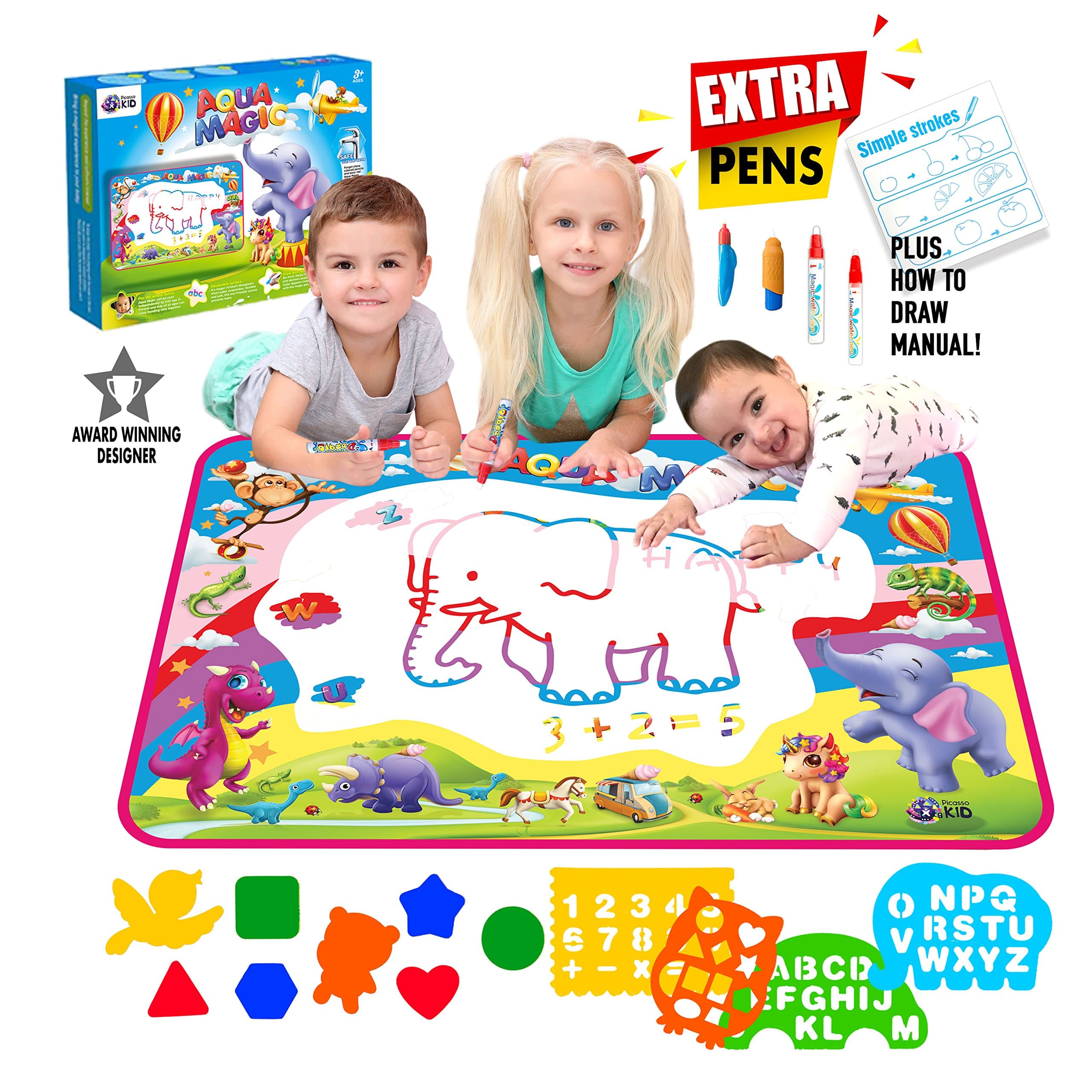 Aqua Magic Doodle Mat Extra Large XL Aquadoodle 5 Color Water Painting Drawing Kit Travel Accessories 34" x 22.5” Pens Stencils Brush Tools for Boys Girls Toddlers in Box