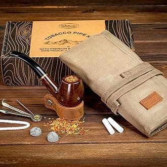 Tobacco Pipe with Waxed Canvas Pipe Roll, Handmade Wood Smoking Pipe with Ultimate Beginner Guide E-Book, Travel Tobacco Pouch - Smoking Gift Set and Accessories