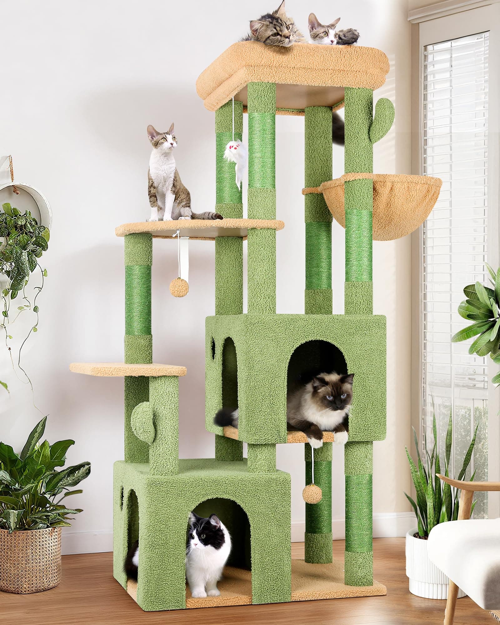 Globlazer Cactus Cat Tower for Indoor Cats, Heavy Duty Cat Trees for Large Cats Adult Big Cats Maine Coon Cat Tree Tower with Scratching Post, Extra Large Top Perch, Cat Condos, F61, Green, 61inch