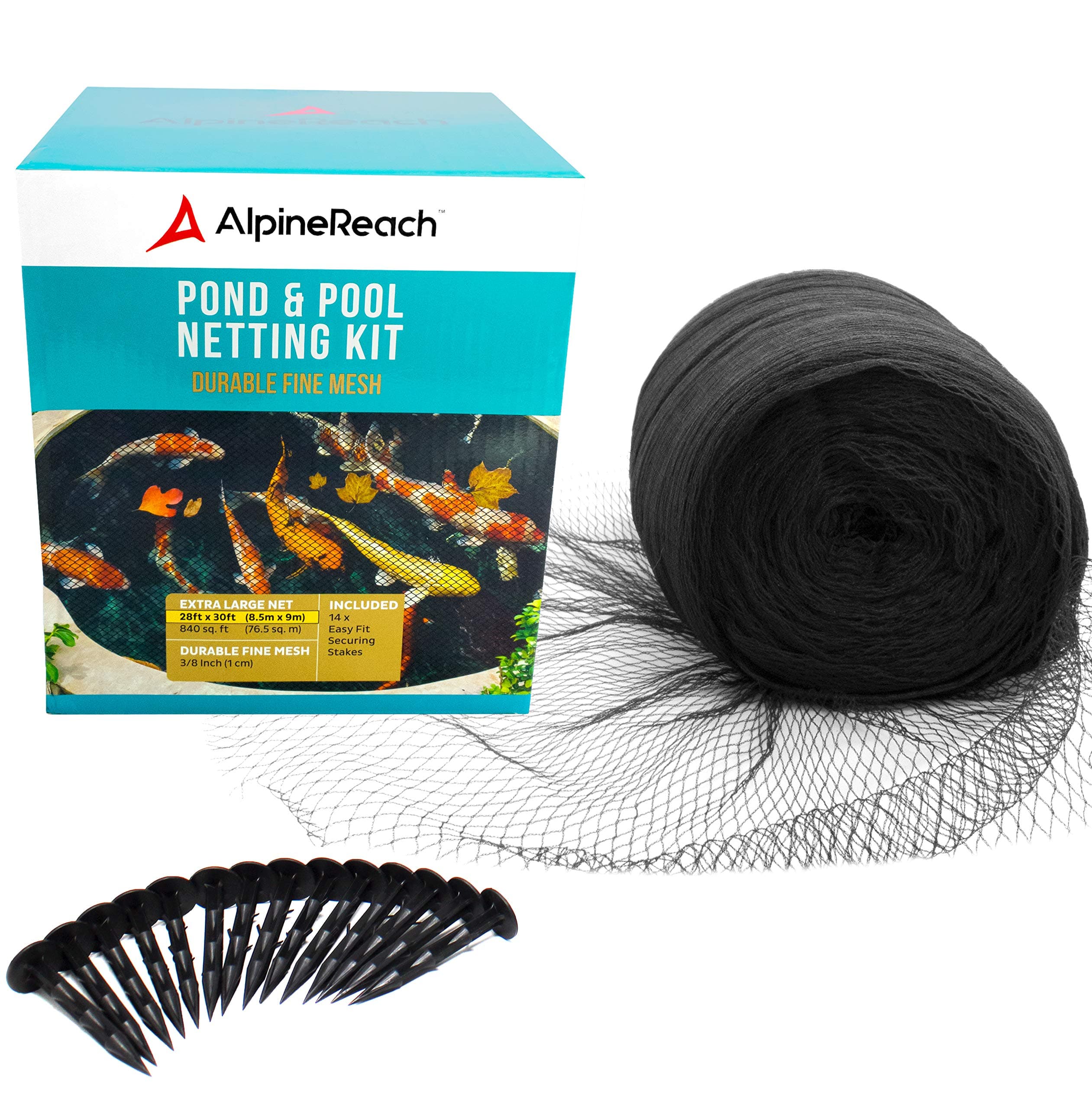 AlpineReach Koi Pond Netting Kit 8.5m x 9m Black Heavy Duty Woven Fine Mesh Net Cover for Leaves - Protects Koi Fish from Blue Heron Birds, Cats & Predators – Reusable & Stakes Included