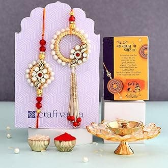 Rakhi Gift Combo for Brother, Brass Crystal Diya Oil Lamp with 4 Rakhi Gift Set - Rakhi for Bhaiya Bhabhi - Raksha Bandhan Card/Lumba Rakhi/Krishna Rakhi/Om Rudraksh Rakhi