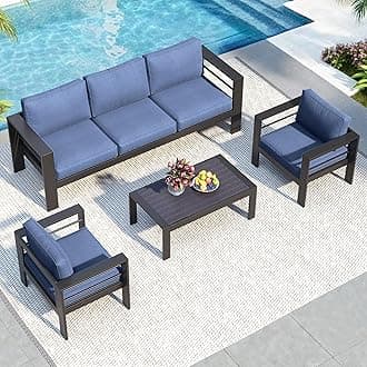 Solaste Aluminum Patio Furniture Set, 5 Seats Modern Outdoor Conversation Set Sectional Sofa with Upgrade Cushion and Coffee Table,Black Frame and Blue Cushion