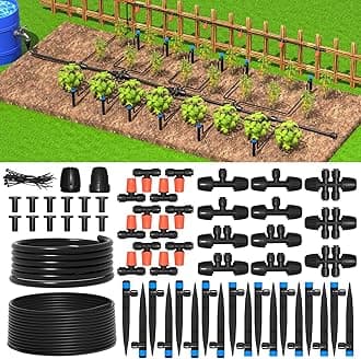 MIXC 226FT Greenhouse Micro Drip Irrigation Kit Automatic Irrigation System Patio Misting Plant Watering System with 1/4 inch 1/2 inch Irrigation Tubing Hose Adjustable Nozzle Emitters Barbed Fittings
