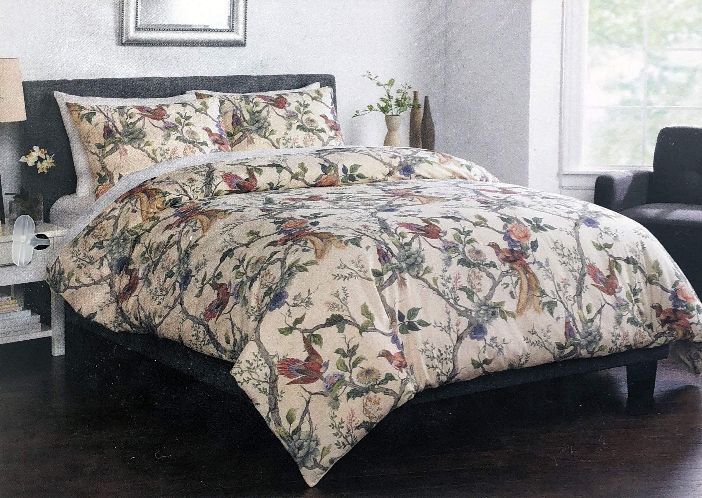 3pc Luxury Linen/Cotton Blend Duvet Set Exotic Floral Pattern Tree Branches Birds Thread on Cream/Off-White Comforter Quilt Cover (Queen)