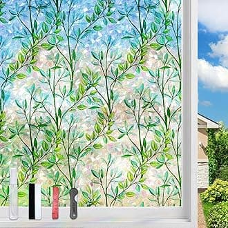 FILMGOO Window Privacy Film 3D Stained Glass Decals - Non-Adhesive Reusable Heat Blocking Window Clings Green Leaf Design Decorative Film for Home Office Doors Windows(Leaf, 17.5 X 78.7 in)