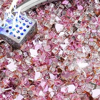 NUPICK 10 Pound Fire Glass, 1/4 Inch Reflective Fire Pit Glass, Tempered Firepit Glass Rock for Propane or Natural Gas, Glass Rocks for Fire Pit Table, Fireplace Glass for Landscaping, Pink