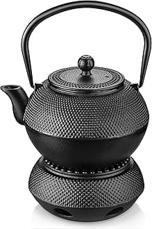 VelazeCast Iron Teapot Set,1100 ml/37oz Japanese Teapot Heat Preservation with Warmer and Stainless Steel Infuser,Durable Cast Iron with Fully Enameled Interior,Beautiful Hammered Design