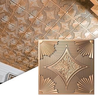 Art3d 12-Pack PVC Drop Ceiling Tiles (48 Sq.Ft), 24"x24" Decorative Panels for Home and Office, 2ft x 2ft, Polished Bronze
