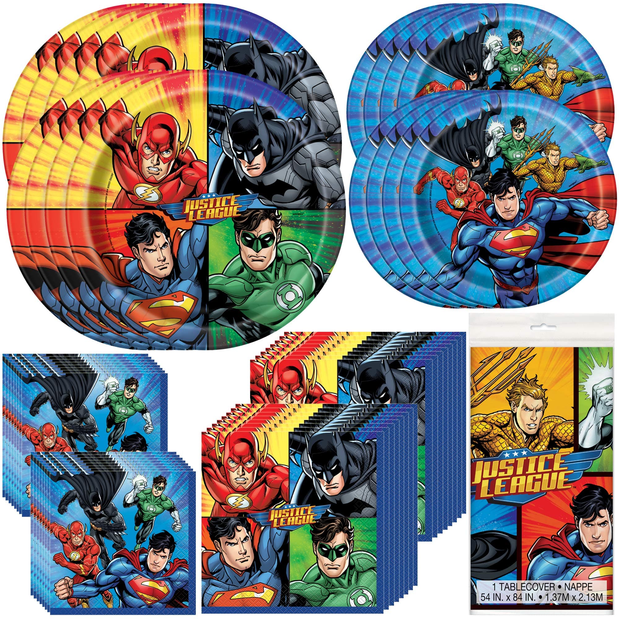 Unique Justice League Party Bundle | Luncheon & Beverage Napkins, Dinner & Dessert Plates, Table Cover | Great for Action/Superhero/Comics Birthday Themed Parties