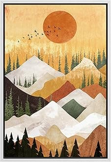 SIGNFORD フレーム入りキャンバスプリント ウォールアート オレンジサンセット 山脈 森林 風景 自然 荒野 イラスト 装飾 ボヘミアン マルチカラー ミッドセンチュリー モダン 寝室用 - 40.6cmx60.96cm ホワイト