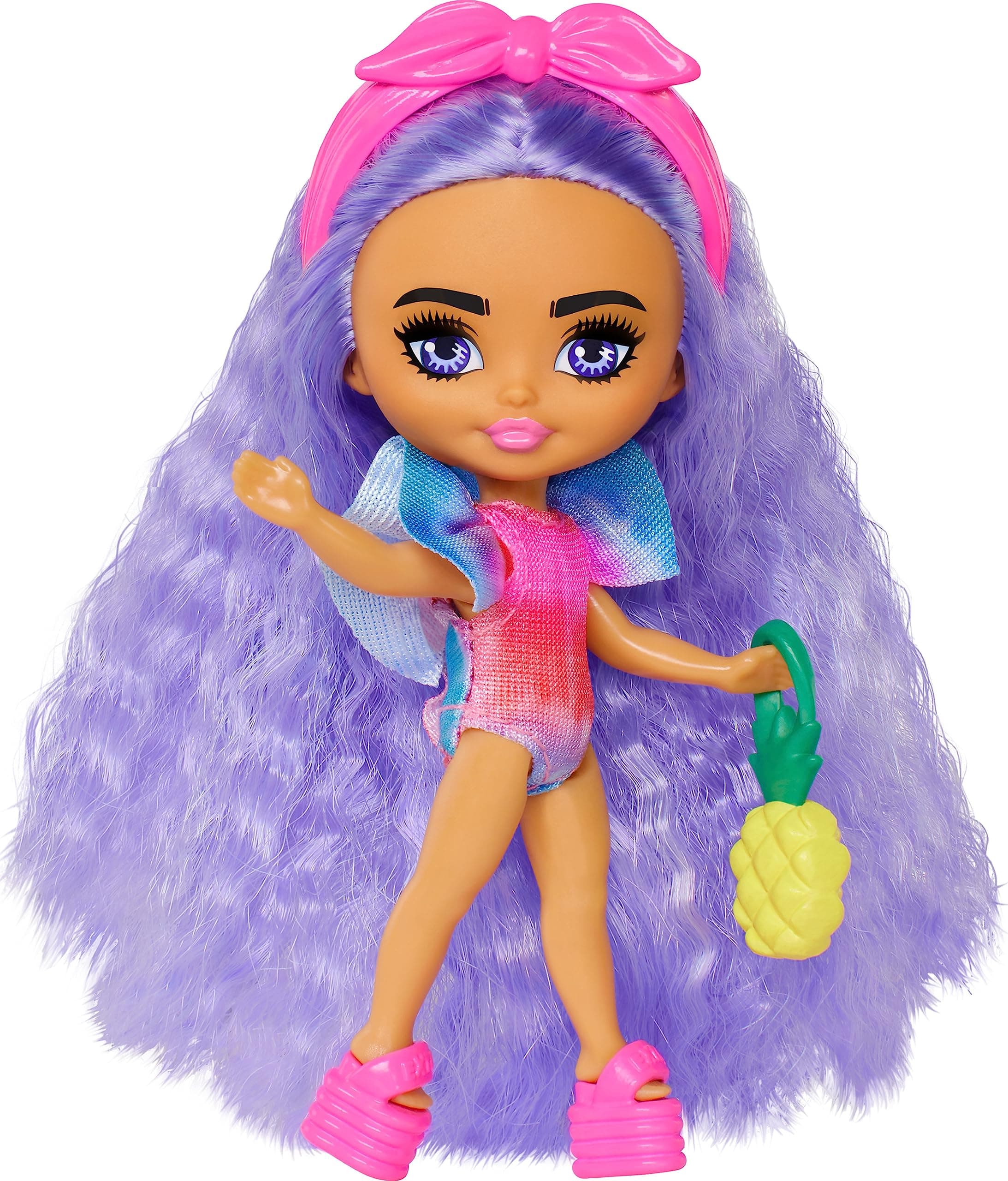 BARBIE Extra Fly Mini Minis Doll - Beach Outfit, Tie Dye Swimsuit and Tropical Accessories, Perfect for Travel and Fashion Fun, Includes Doll Stand with Logo, from 3 Years, HPN06