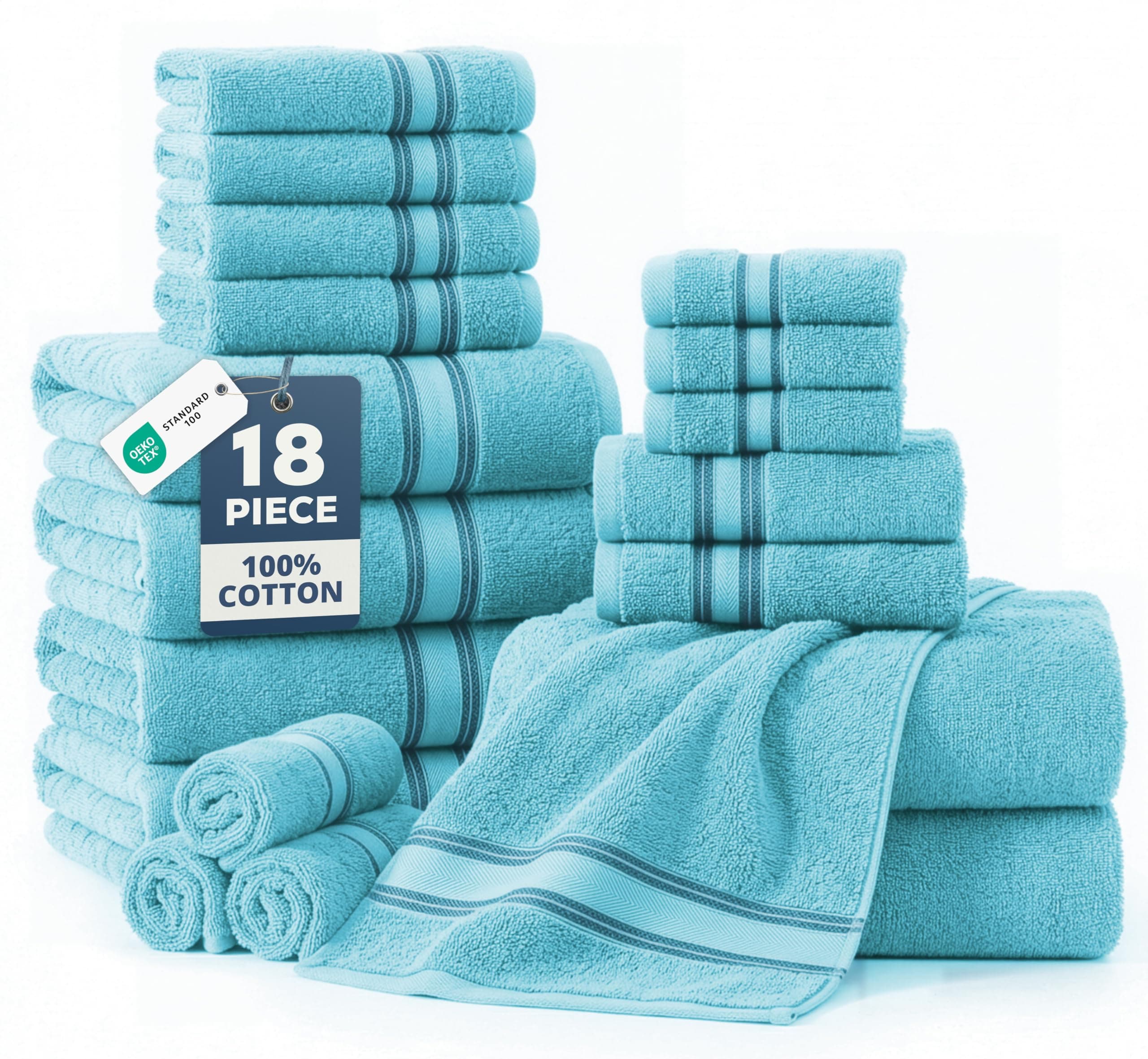 Towel Sets for Bathroom - 18-Pack Zero Twist 100% Cotton Towels, 6 Bath, 6 Hand & 6 Washcloths, Soft & Highly Absorbent, Premium Hotel & Spa-Quality Design, Easy To wash - Blue