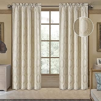 Luxury Jacquard Curtains for Bedroom, Beige Damask Curtains 2 Panels with Tiebacks, Elegant Window Curtain for Living Room Holiday Banquet Decor(52”Wx 96”L, 2 Panels)