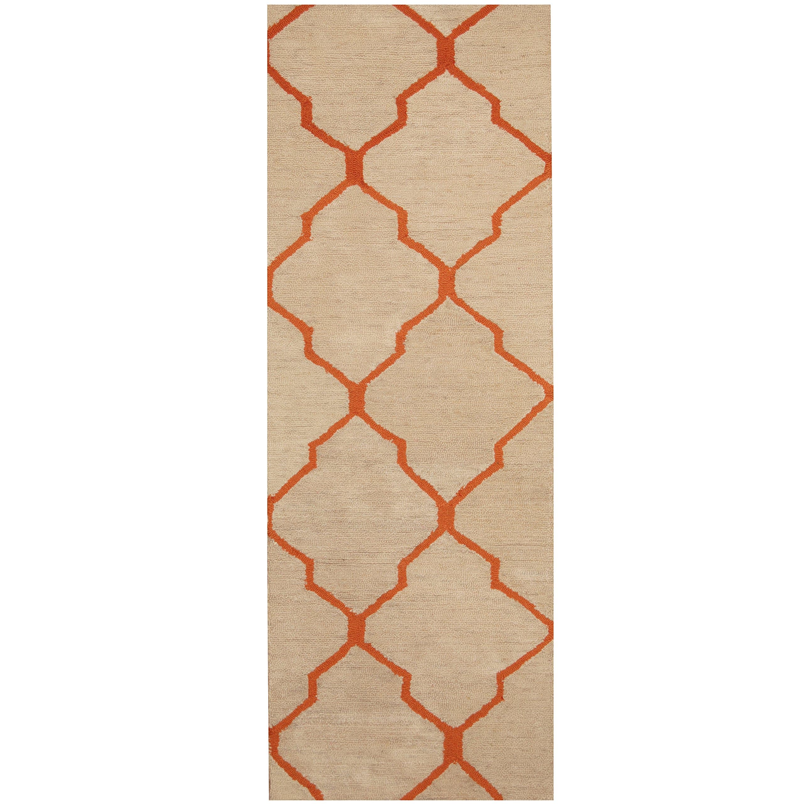 Herat Oriental Trellis Wavy Pattern Indo Hand-Tufted Wool Rug, 84" x 30", Ivory/Orange