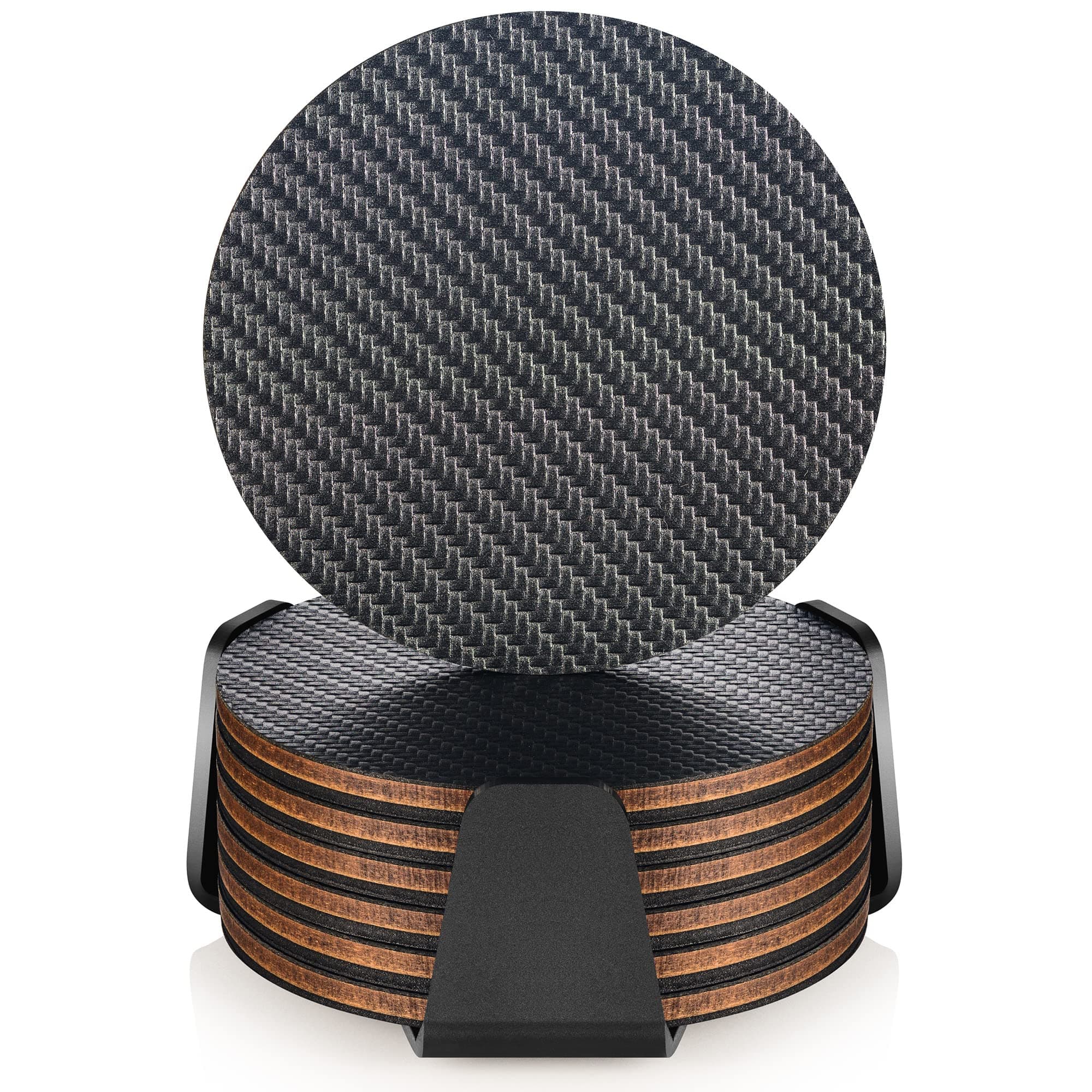 Modern Coasters for Drinks with Holder, Premium Carbon & Wood Drink Coaster, Unique Design (Dark Gray V2)