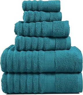 LANE LINEN Towels for Bathroom - Luxury, 100% Cotton Bath Towel Set of 6 - Includes 2 Bath, 2 Hand Towel, 2 Wash Cloths for Body - Zero Twist, Ribbed, Quick Dry Bath Towels for Daily Use - Sea Port