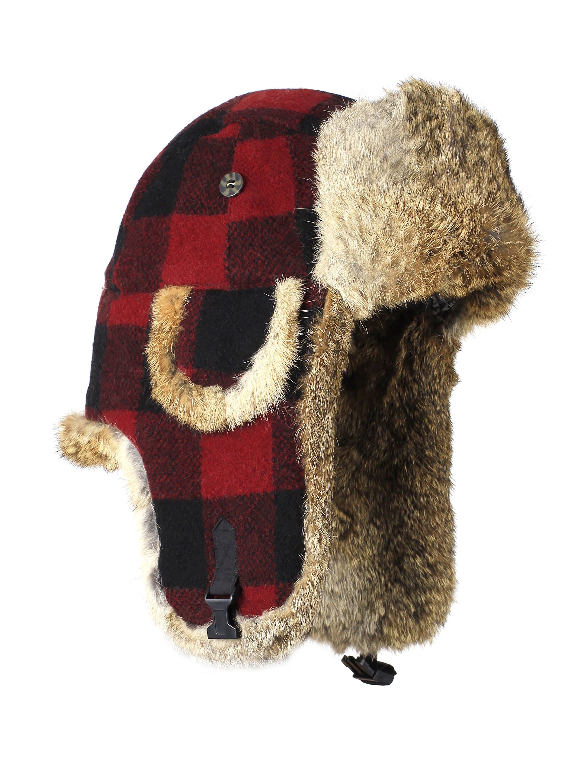 Mad Bomber Wool Bomber - Brown Fur - Maroon Plaid