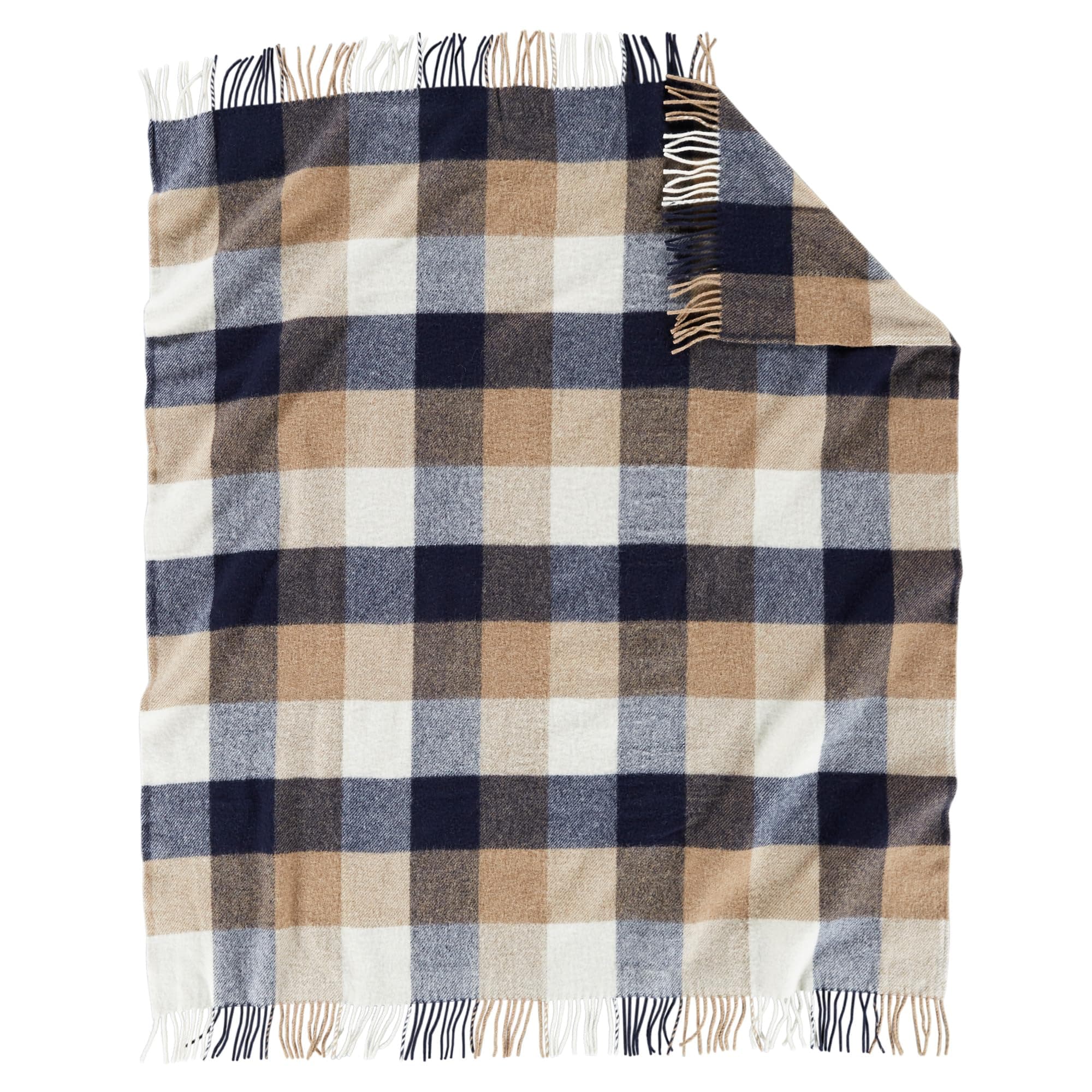 Eco-Wise Washable Throw with Fringe 54" x 60" - 100% Wool, All Season, Washable, Soft and Durable Blanket for Home and Outdoor Adventures - Navy/Camel