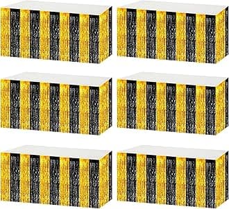 6 Pack 29x108 Inch Black Gold Metallic Foil Fringe Tinsel Table Skirts for Rectangle Tables Streamer Curtains Backdrop for Wedding, Parade Floats, Valentine's Day Birthday Graduation Party Decoration