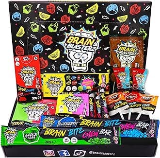 Brain Blasterz Treat Sour Candy Variety Pack, Vegan Candy, Chew Bar, Halal Gift Box W/ 15 Pcs (13Oz), Unique Lollipop, Powder, Taffy, Halloween
