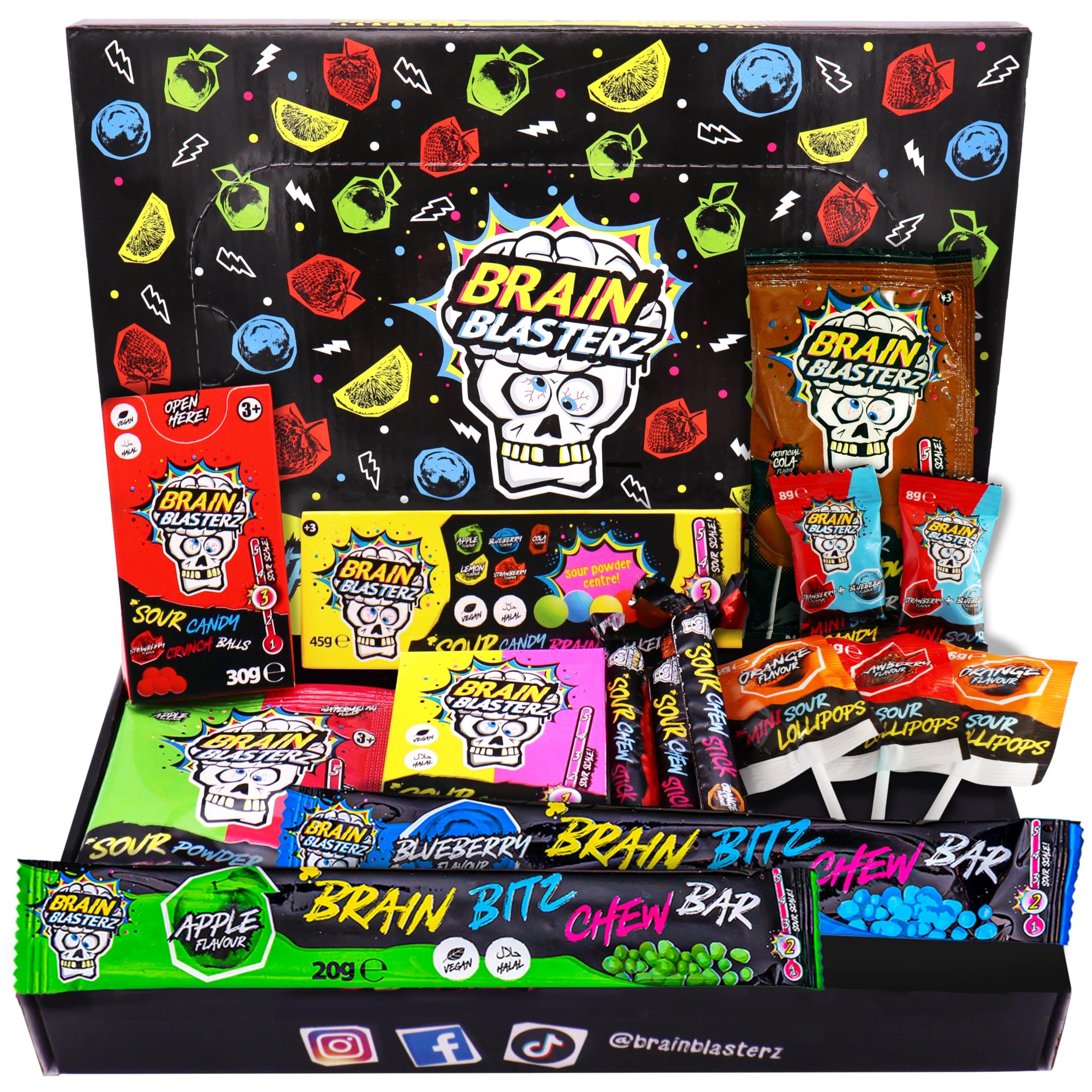 Brain Blasterz Sour Candy Snack Box – 15 Piece Sour Candy Variety Pack, Individual Wrapped Lollipops, Hard Candy, Chewy Candies & Sour Powder – Fun Gift for Easter, Halloween, Christmas & Birthdays