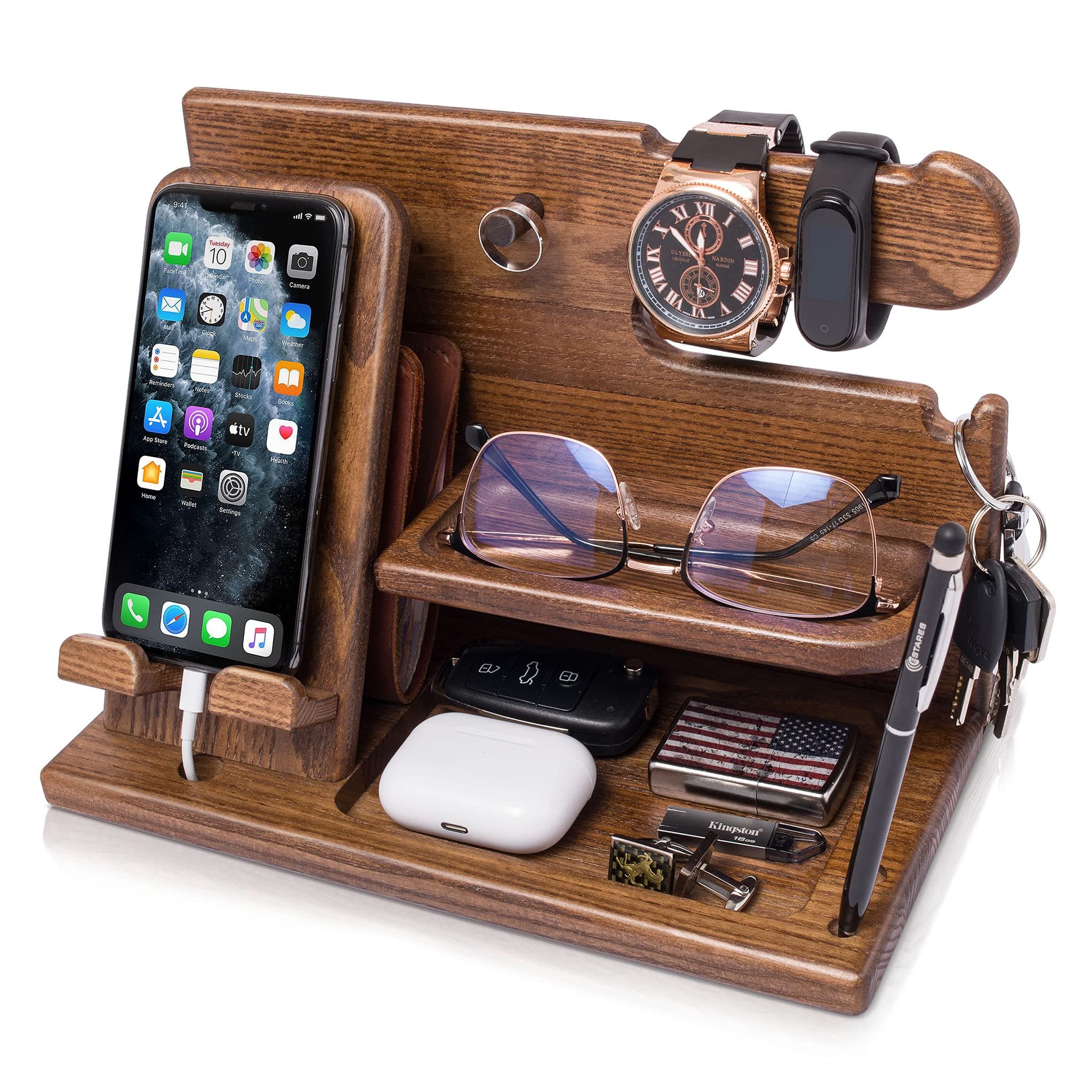 – Gifts for Men Wood Phone Docking Station – Solid Ash Nightstand Organizer with Key Holder, Wallet & Watch Stand, Wooden Desk Organizer for Husband Boyfriend Dad Birthday Gift (Light Brown)