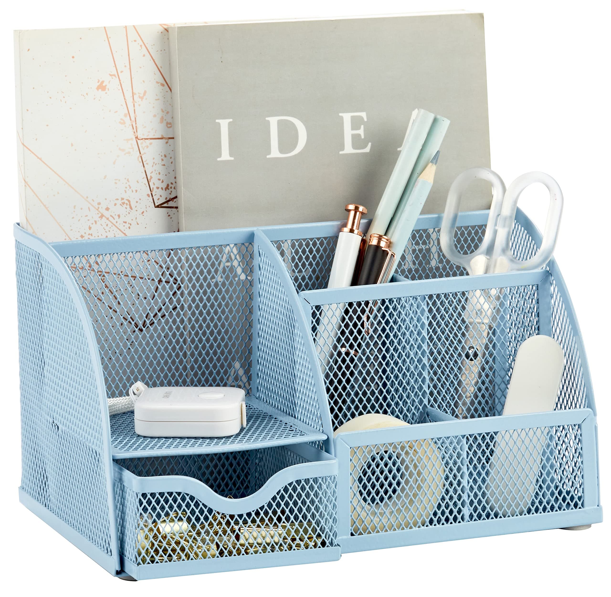 Annova Mesh Desk Organizer Office with 7 Compartments + Drawer/Desk Tidy Candy/Pen Holder/Multifunctional Organizer (New Blue23)