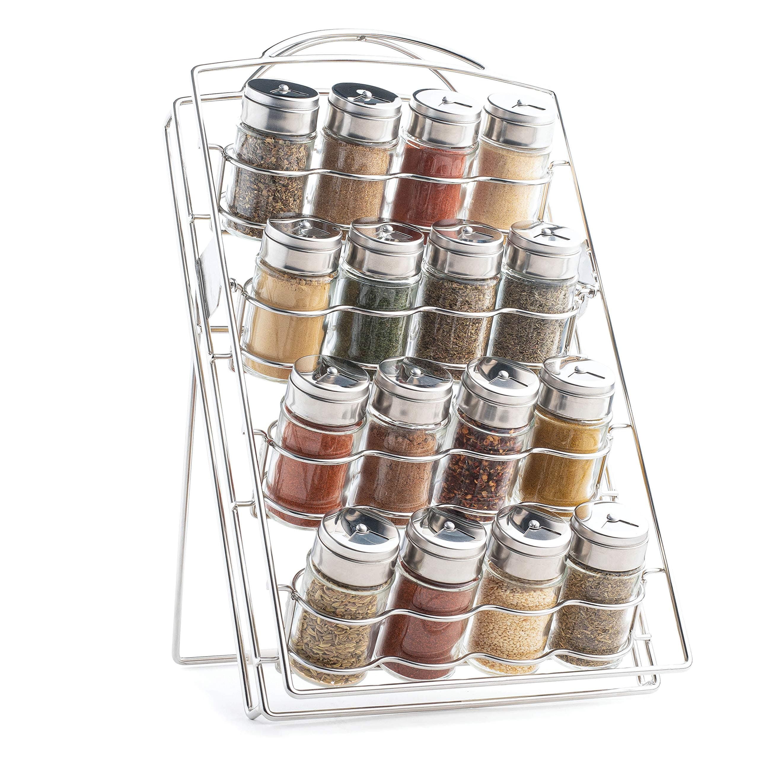 Mindspace Spice Rack Kitchen Counter Organizer for Countertop or Cabinet Pantry, kitchen organization - 16 Round 2.5oz Glass Spice Jars included | The Wire Collection, Chrome (Spices NOT Included)