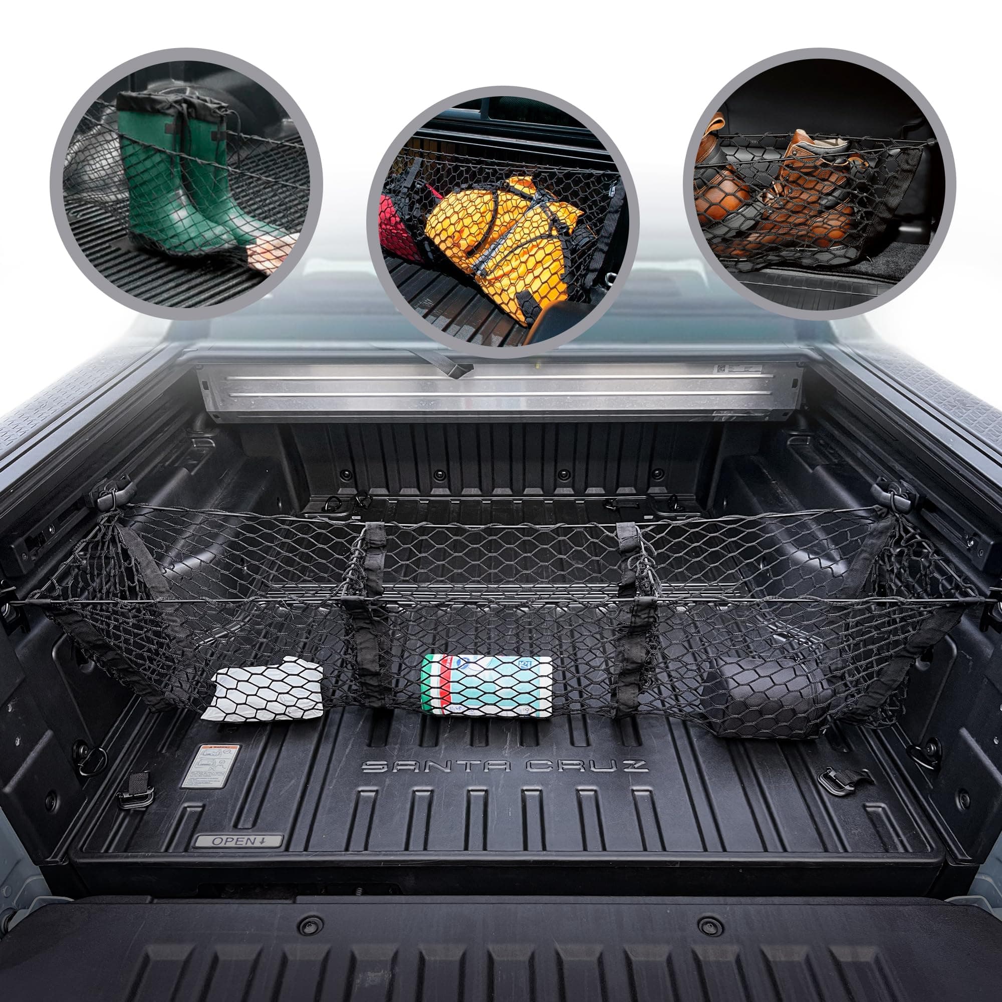 3 Pocket Style Elastic Trunk Cargo Net for Hyundai Santa Cruz 2022-2025 - Premium Trunk Organizers & Storage - Cargo Net for Pickup Truck Bed - Truck Bed Divider - Car Organizer for Pickup