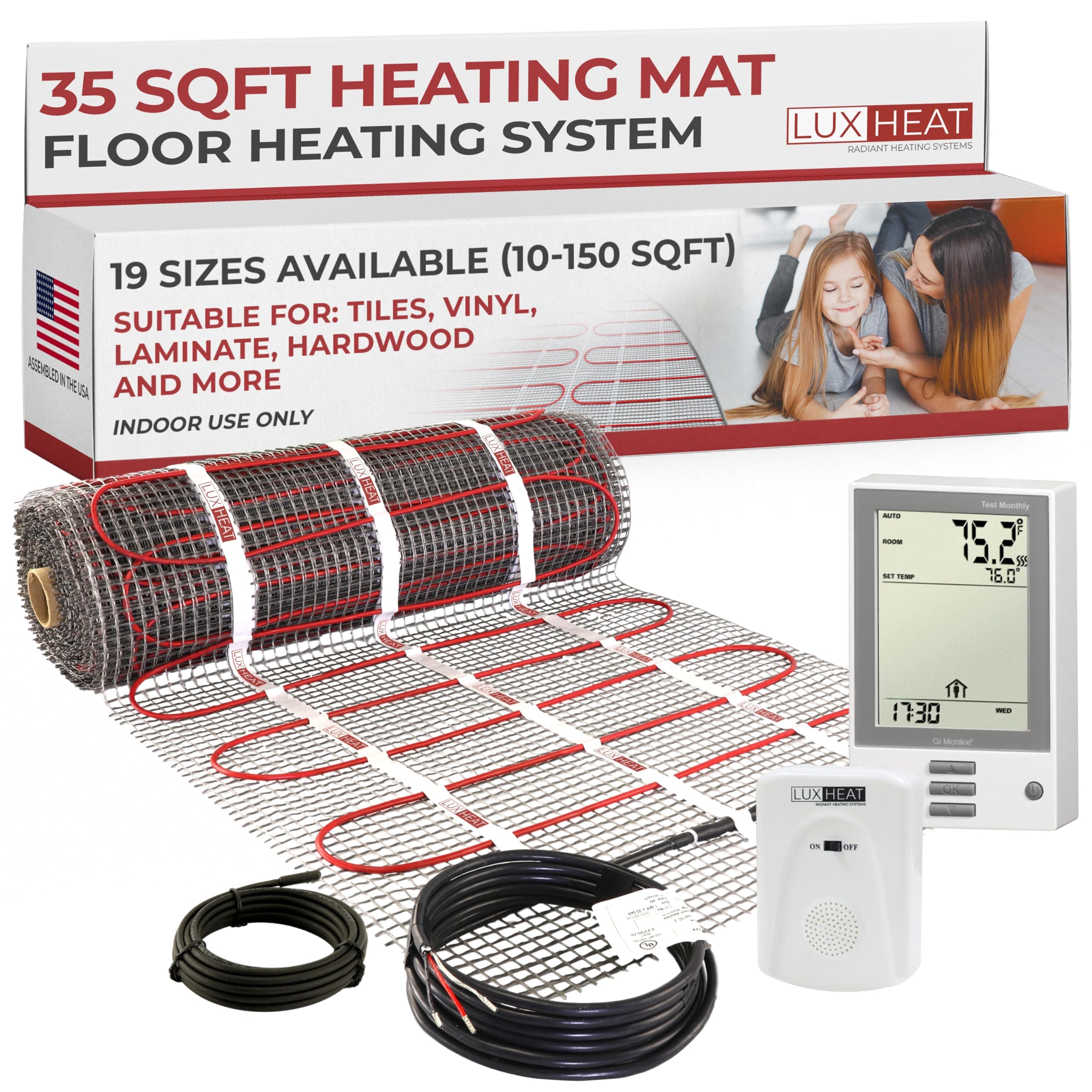 35sqft Floor Heating Mat Kit – 120v Electric Floor Heating System – Radiant Heated Flooring System for Tile & Laminate - Includes UDG Programmable Thermostat w/GFCI, Alarm & Sensor