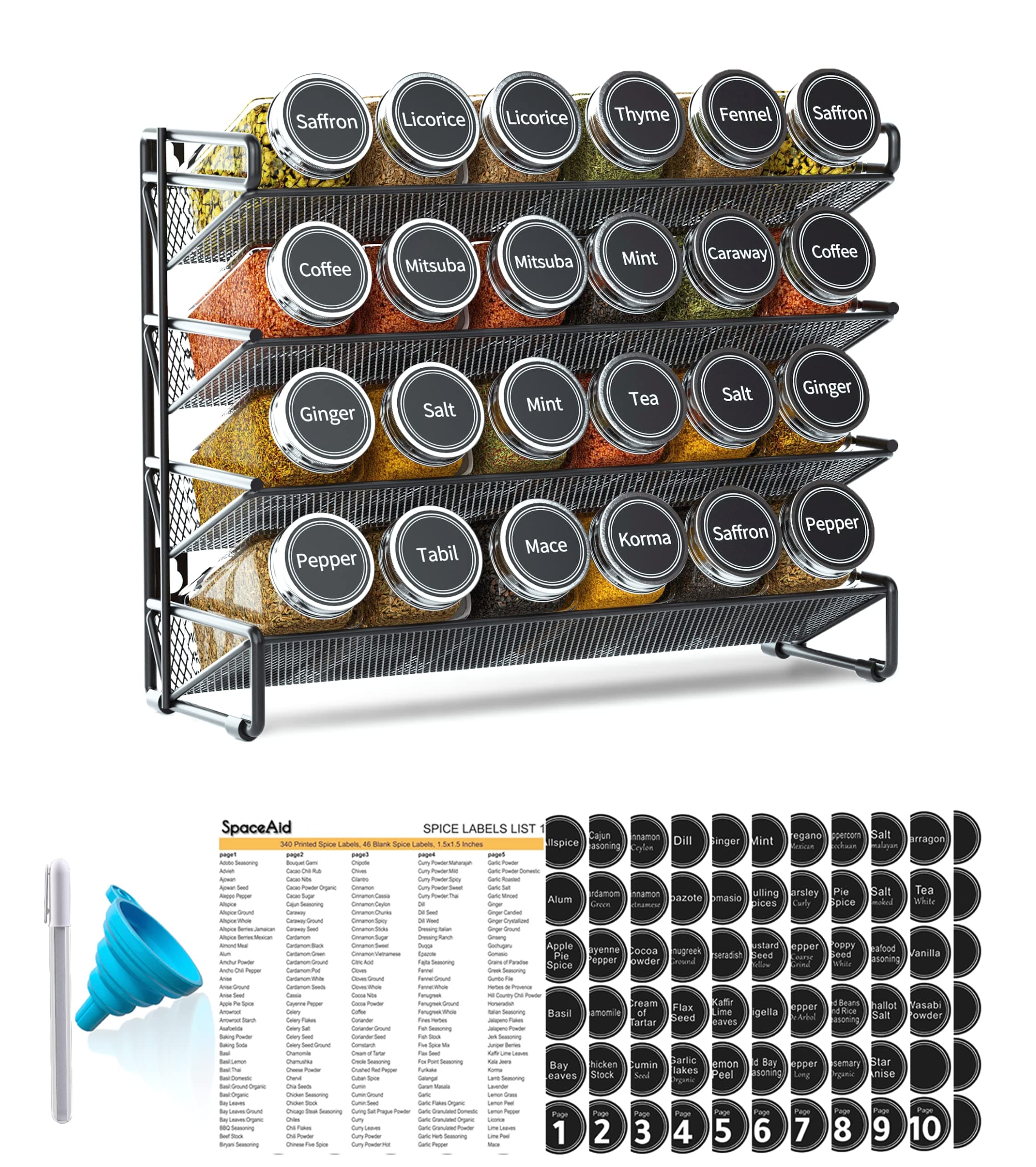 SpaceAid Spice Rack Organizer with 24 Spice Jars, 386 Spice Labels, Chalk Marker and Funnel Set for Cabinet, Countertop, Pantry, Cupboard or Door & Wall Mount -24 Jars, 11.8" W × 10.8" H, Black