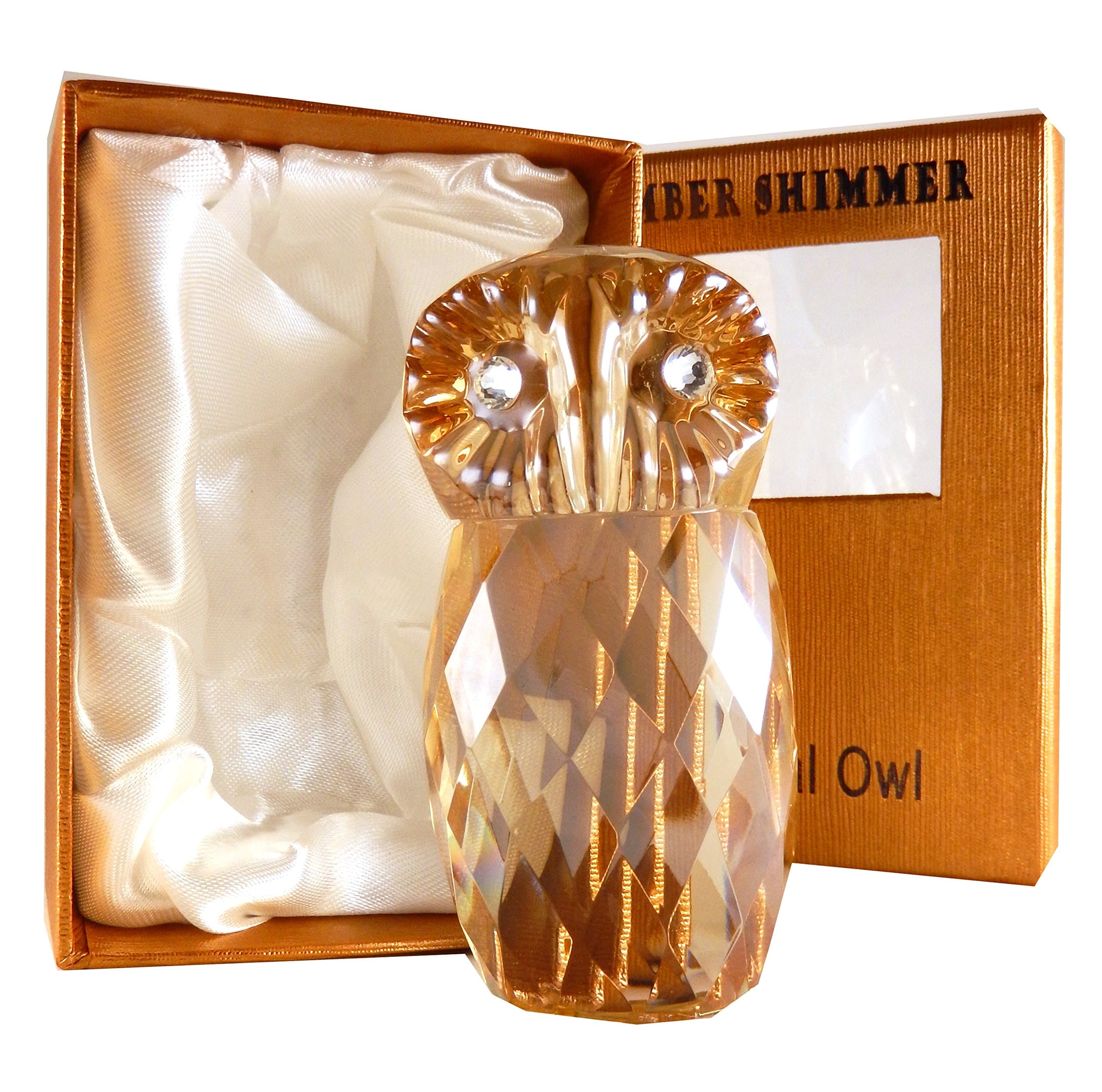 Amber Shimmer Crystal Paperweight Owl, Gift Boxed