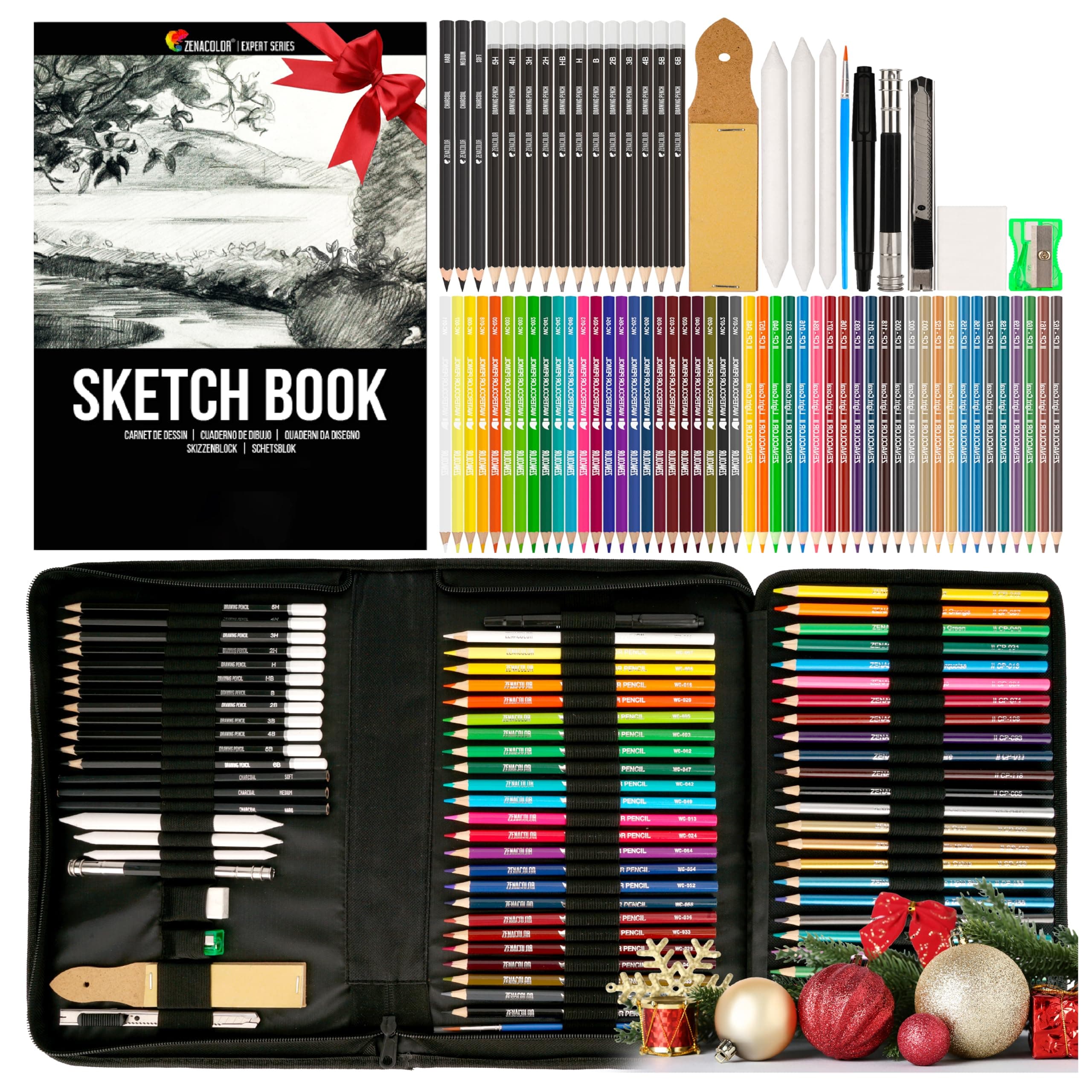 Zenacolor 74 Pack Drawing Kit with Drawing Pencils - Drawing Set for Sketching, Pro Sketch Art Supplies with Sketch Book, Colored, Graphite, Charcoal, Watercolor & Metallic Pencil for Adults and Kids