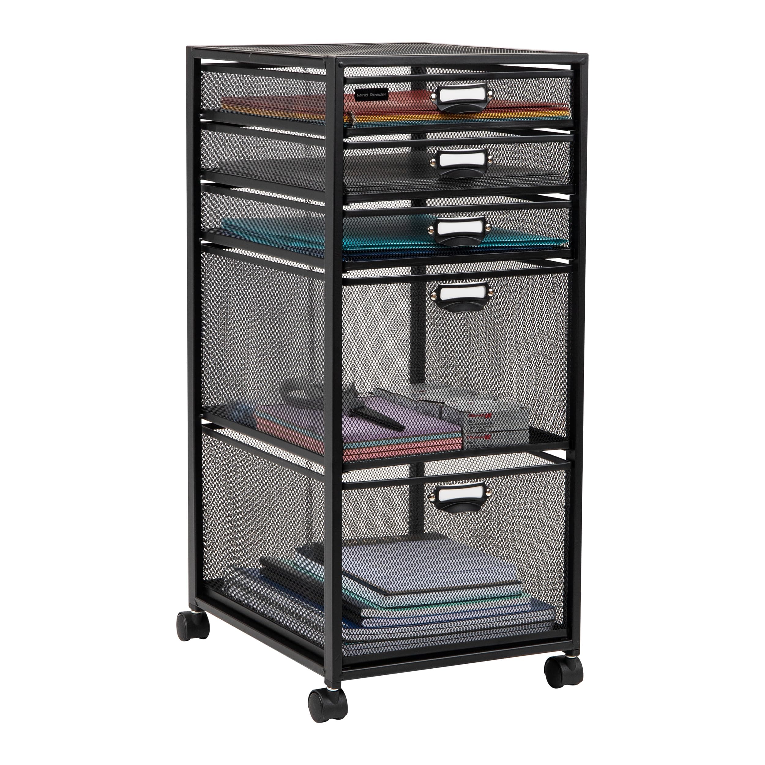 Mind Reader Vertical Office Storage Organizer with Mesh Drawers Label Holders and Optional Wheels, Metal Mesh, Black