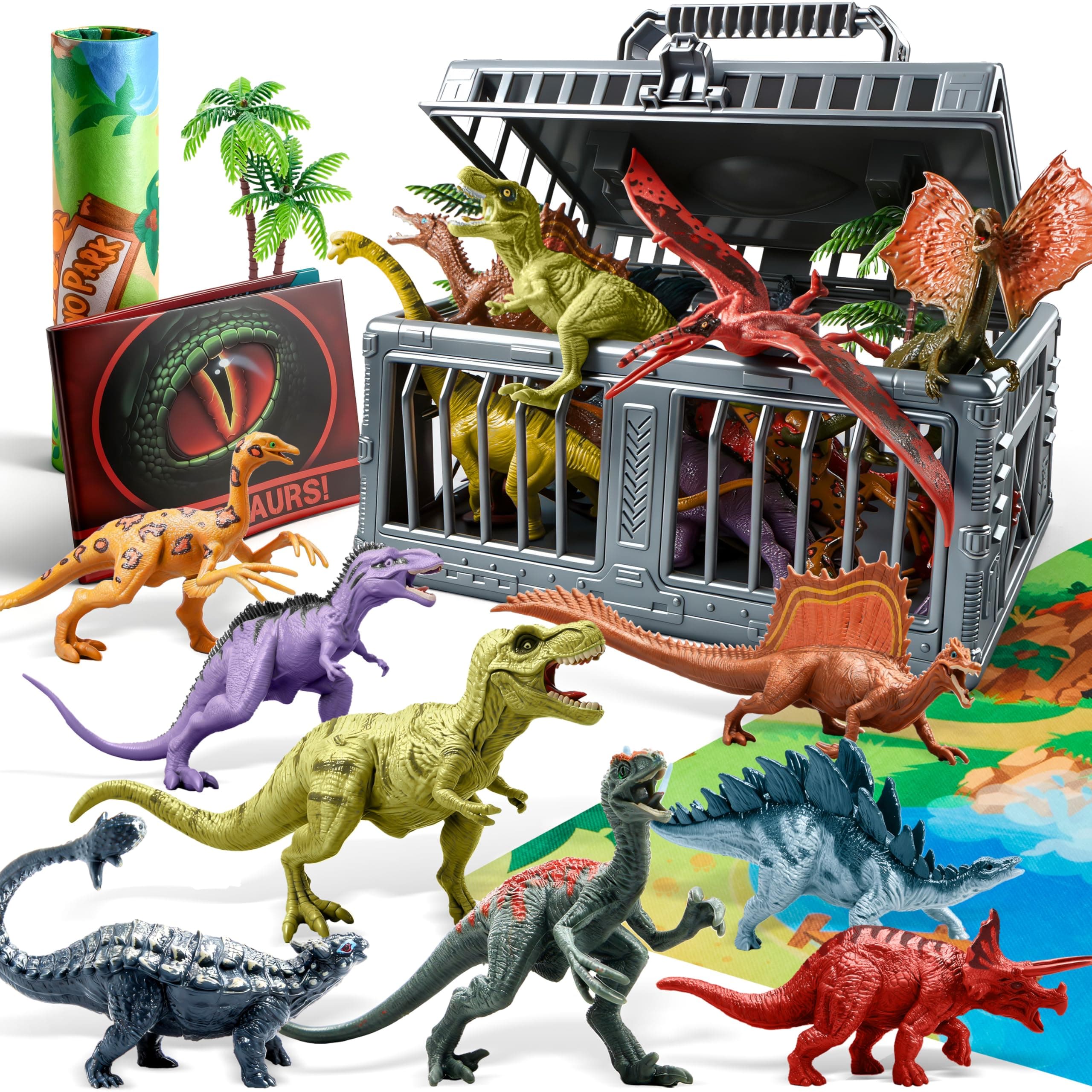 JOYIN Dinosaur Toys with Activity Play Mat & Storage Cage, 19 PCS Realistic Dinosaur Figures & Trees for Toddlers Kids Ages 3-5, Ideal for Boys and Girls Gift