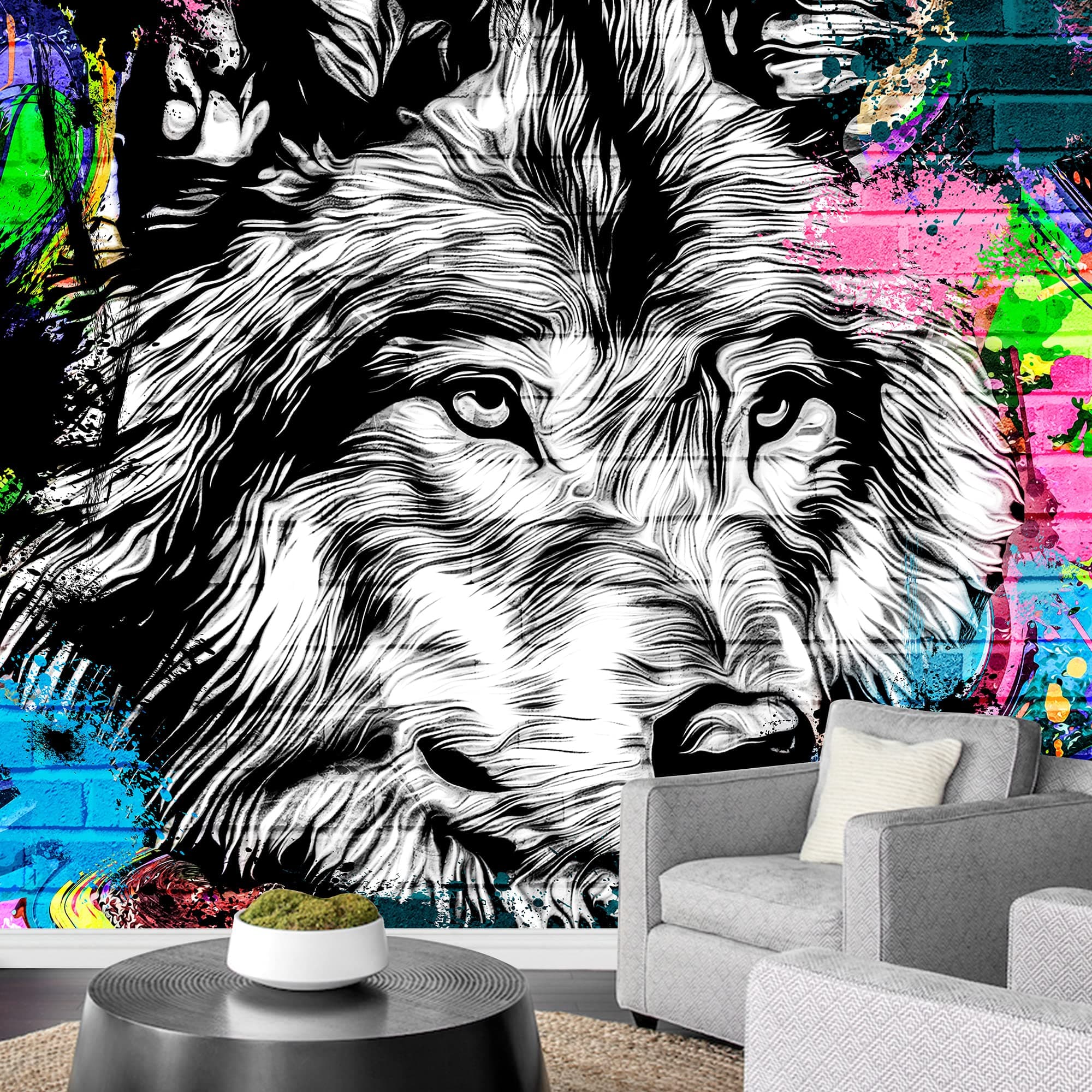 wall26 Removable Wall Sticker/Wall Mural Vibrant Spray Paint Wild Forest Wolf Graffiti & Street Art Cityscape Digital Art Realism Urban Edgy for Living Room, Bedroom, Office - 100x144 inches