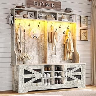 Itaar Hall Tree with Bench and Shoe Storage, 5-in-1 Entryway Bench with Coat Rack, 16 Shoe Cubbies & 12 Coat Hooks, Barn Door & Adjustable Shelf (Vintage White)