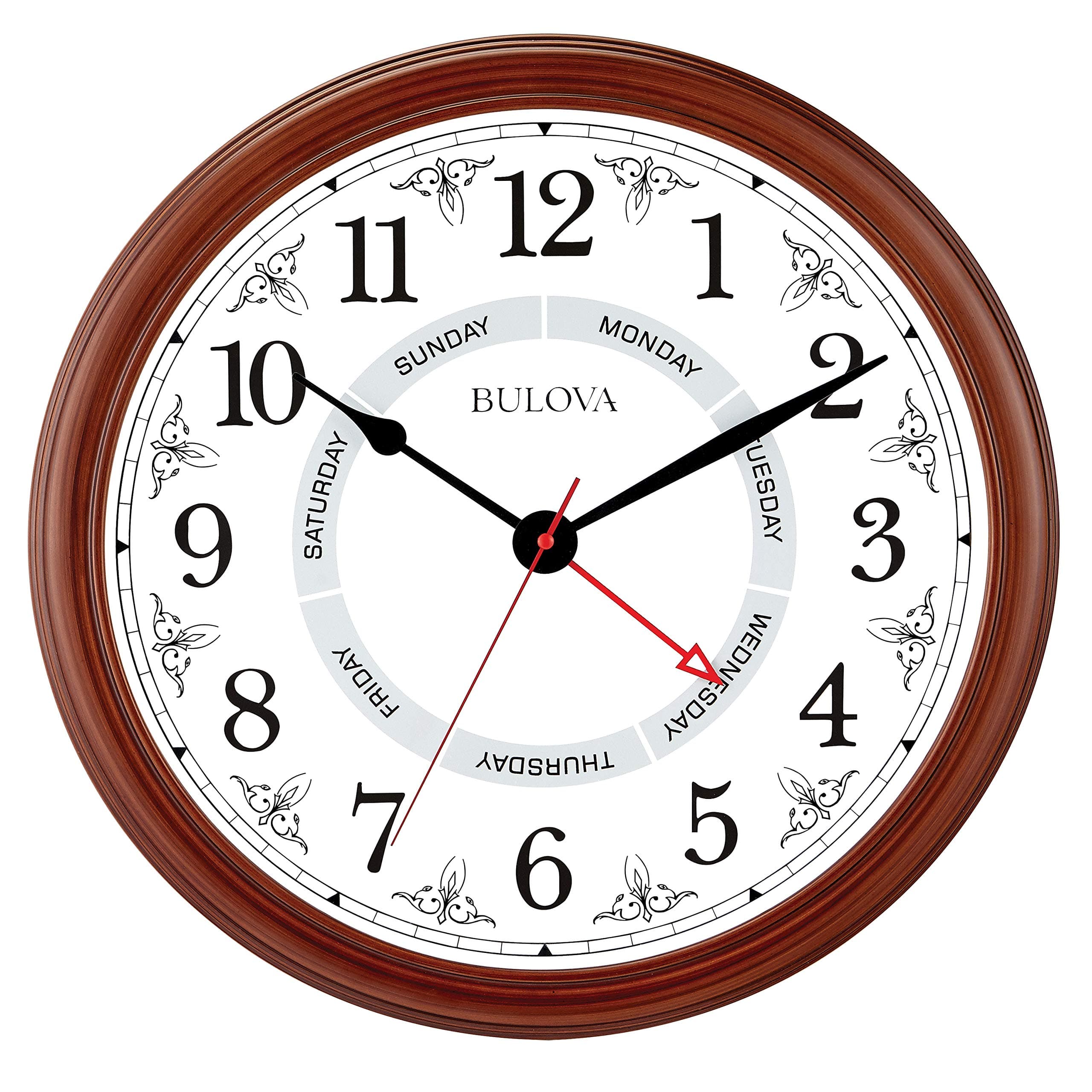 Daily Wall Clock, Model C4804 | Brown Cherry Finish | Modern Design | Large Easy-to-Read Numerals | Quartz Movement | Battery Operated