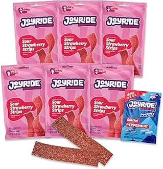 JOYRIDE Strawberry Sour Strips - 3.5 oz 6-Pack Bundle with 2.5oz Glacial Peppermint Gum, Low Sugar, Sour Belt Candy, Dye Free, Low Calorie Snacks, Healthy Candy (7 Items)