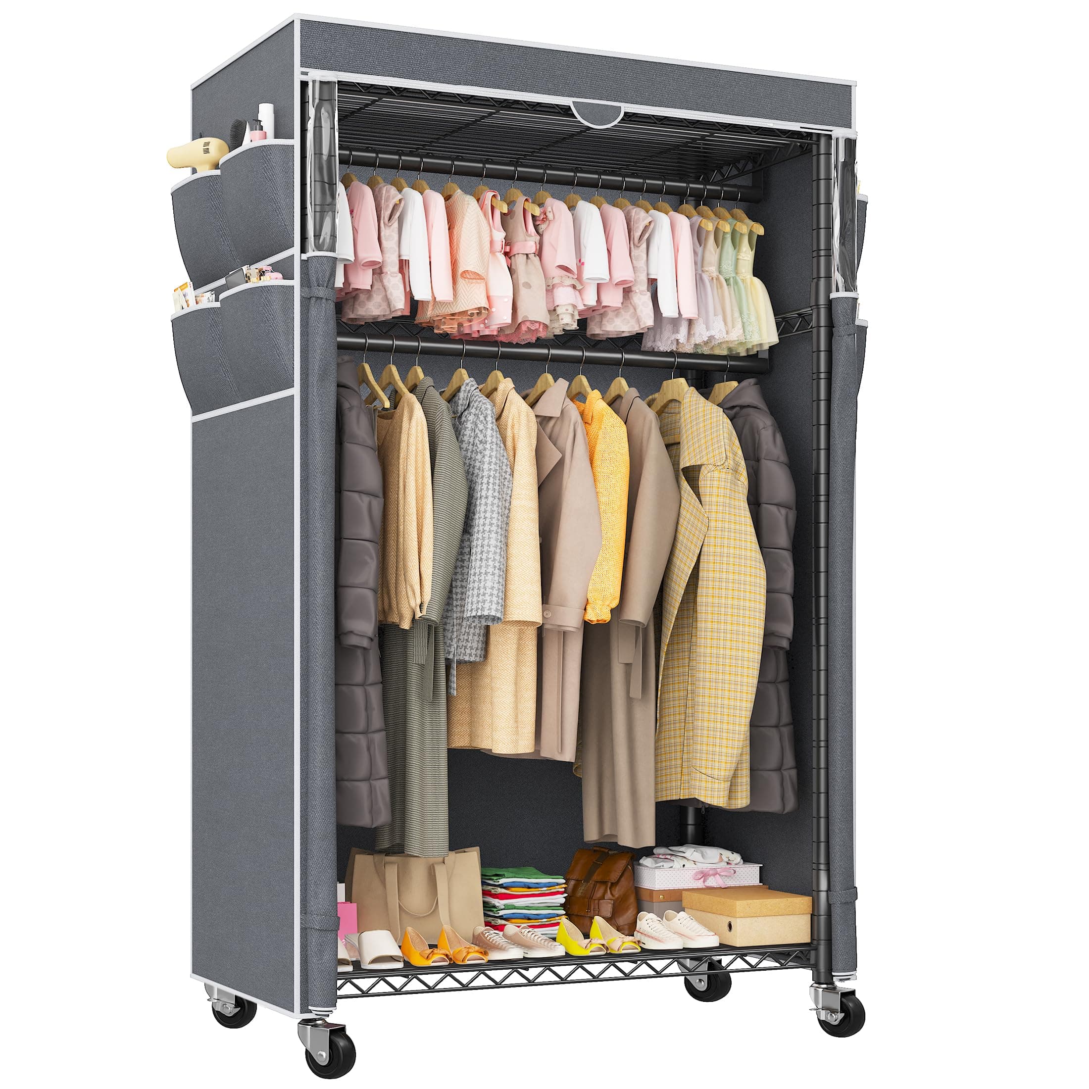 Raybee Rolling Clothes Rack with Cover Clothing Racks for Hanging Clothes Heavy Duty Portable Closet with Wheels Garment Rack 35.5" W*15.7" D*79 "H Black