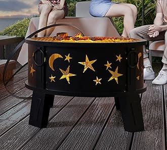 26" Outdoor Fire Pit with Grill & Mesh Cover, Wood Burning Steel Firepit with Poker & Star Spark Screen, Heavy Duty Patio Fire Bowl for Backyard, Camping & Garden