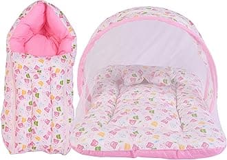 Babloo Baby Cotton Mattress with Mosquito Net and Carry Bag Combo (0-6 Months, Pink, 2 Count)