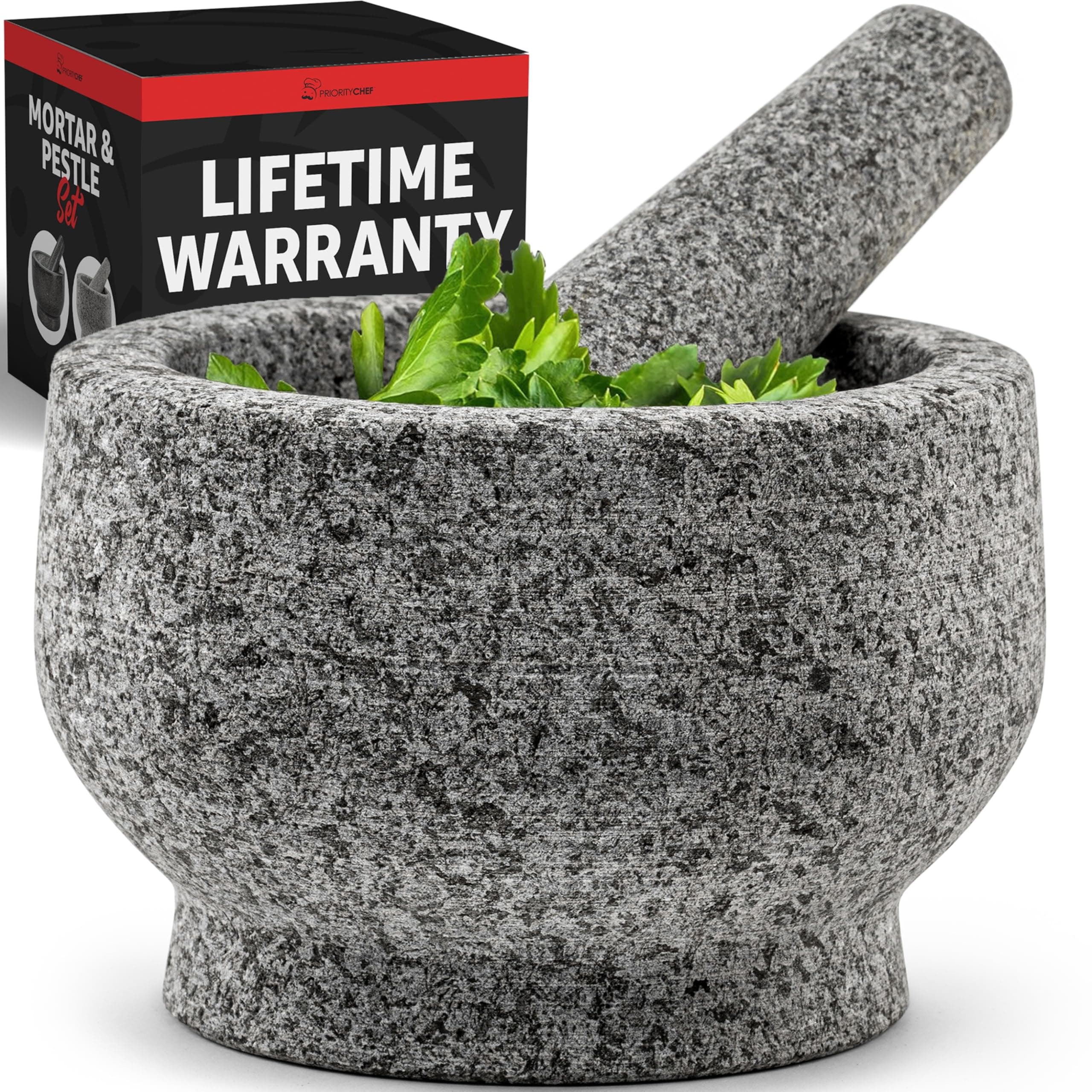 PriorityChef Heavy Duty Natural Granite Small Mortar and Pestle Set, Hand Carved, Make Fresh Guacamole at Home, Solid Stone Grinder Bowl, Herb Crusher, Spice Grinder, Unpolished Grey, 1.5 Cup, Grey