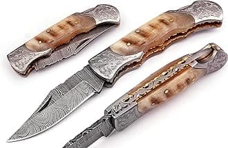 Handmade Damascus Steel Pocket Knife - Folding Knife with Damascus Blade & Ram Horn Handle - Back Lock & Leather Sheath - EDC Gift for Men