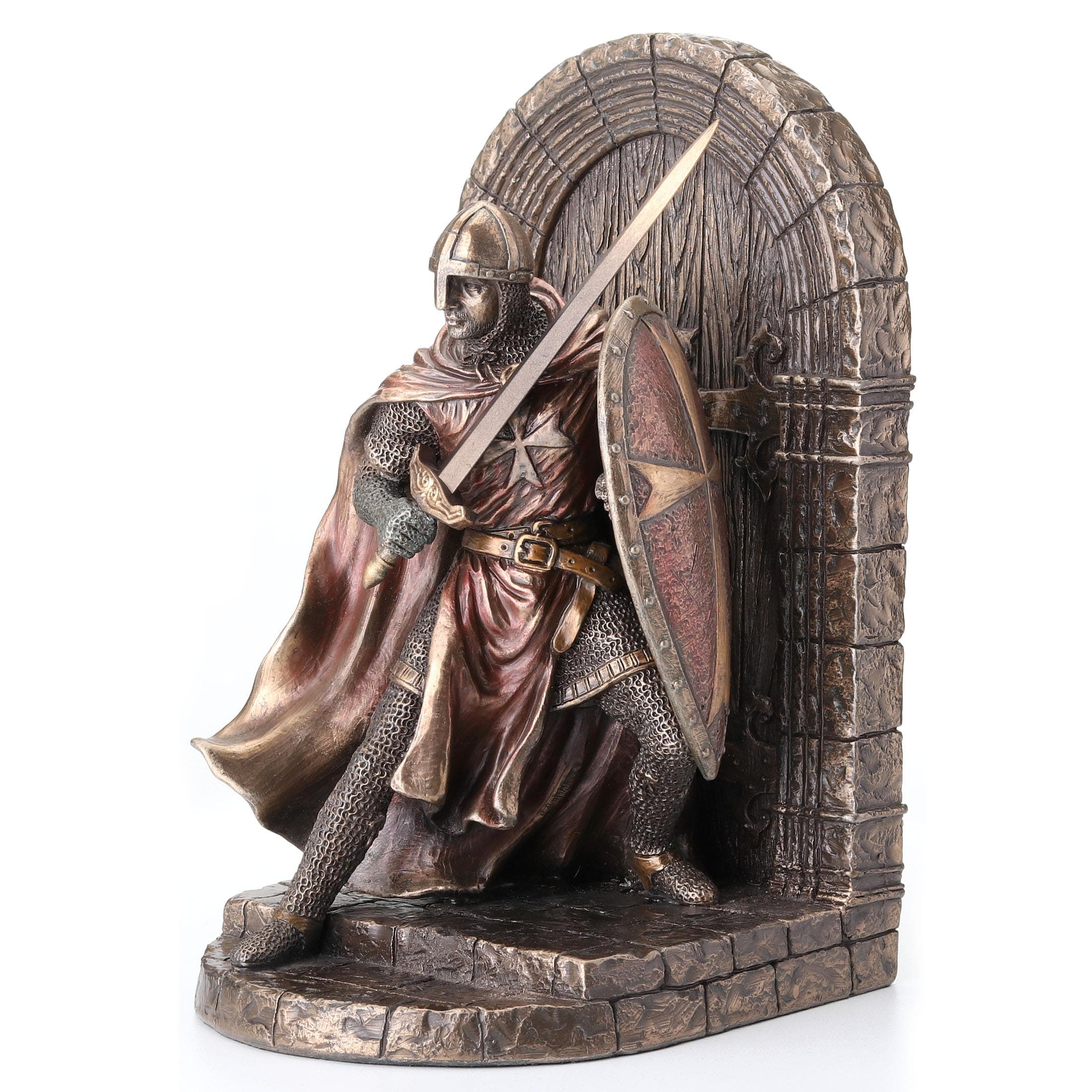 Maltese Crusader Statue in Armor Guarding Door Holding Shield & Sword Bookend