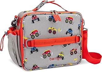 Bentgo® Kids Lunch Bag - Durable, Double Insulated, Water-Resistant Fabric, Interior & Exterior Zippered Pockets, Water Bottle Holder - Ideal for Children 3+ (Trucks)
