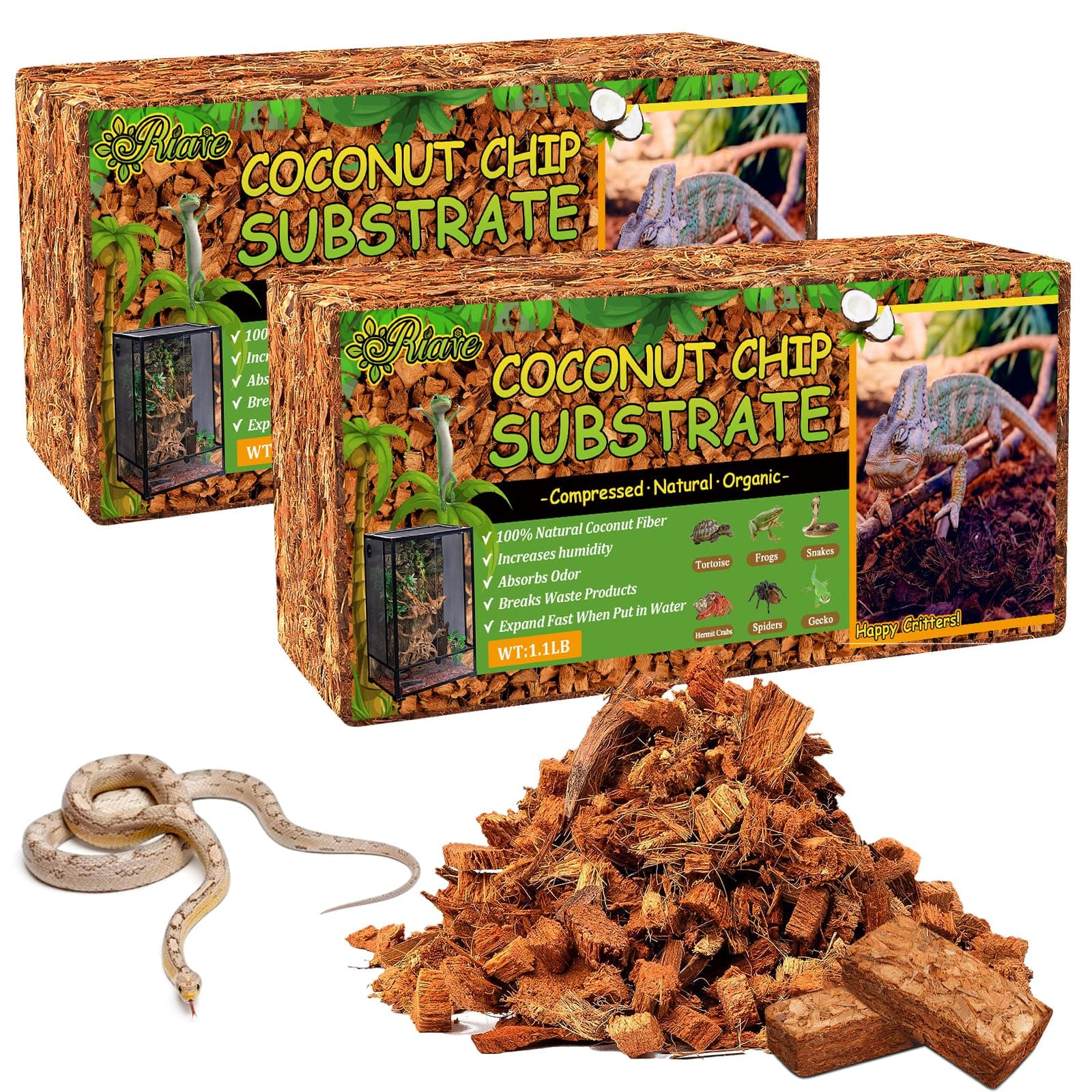 Natural Coconut Chip Substrate for Reptiles- Compressed Coconut Husk Reptiles Bedding, Coco Husk Chip Terrarium Substrate for Snakes, Tortoises, Ball Python, Frogs (2 Pack)