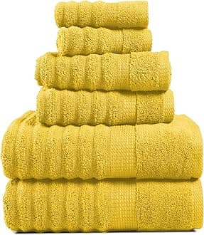 LANE LINEN Bath Towel Set - Soft and Absorbent, Ribbed, 100% Cotton Towels for Bathroom, Hotel, Body & Spa - 2 Bath Towels Large Size, 2 Bathroom Hand Towel and 2 Wash Cloths (6 Piece Set) - Mimosa